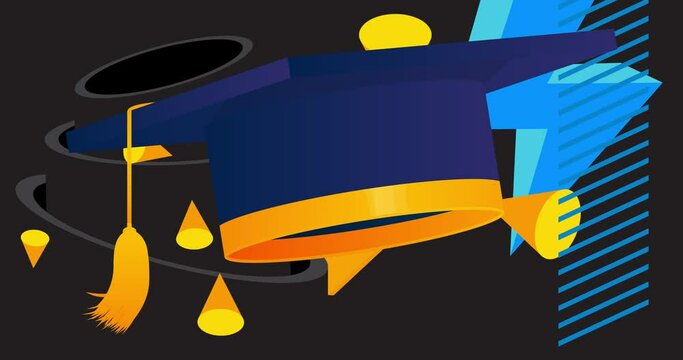 Yellow, Blue and Black Graduation Hat geometrical graphic retro Education theme background video.