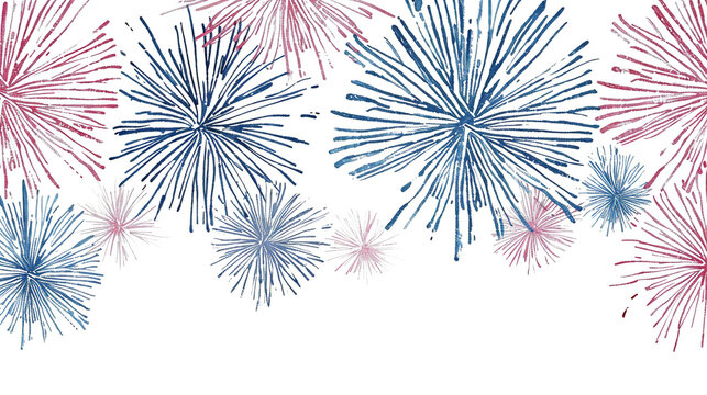 Hand-drawn fireworks, red and blue