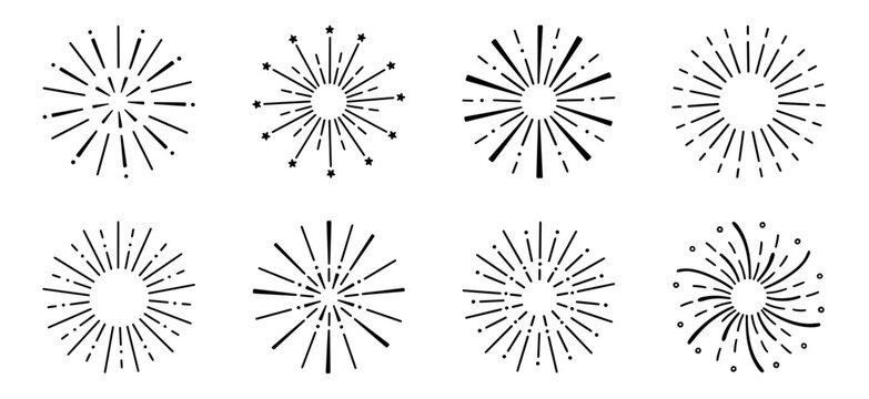 Fireworks, star burst doodle set.  Festive fireckrackers, sunburst explosion, Sparkles in sketch style. Hand drawn vector illustration isolated on white background