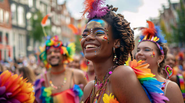 A woman in a rainbow outfit is smiling