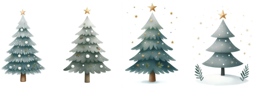 Watercolor Christmas tree clipart transparent background and gold star