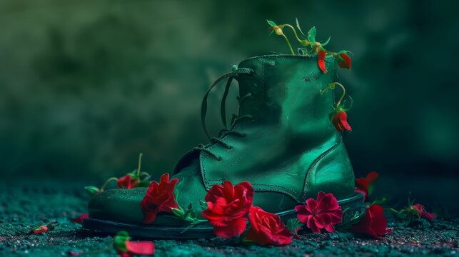 Hyper-realistic green boot on cracked earth with red flowers: Juneteenth celebration of African American resilience and growth