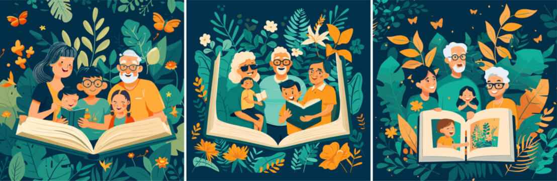 Photo album cartoon vector concepts. Grandfather grandmother grandson granddaughter son daughter mom dad photos family memories group together love characters, plants flowers stems shoots