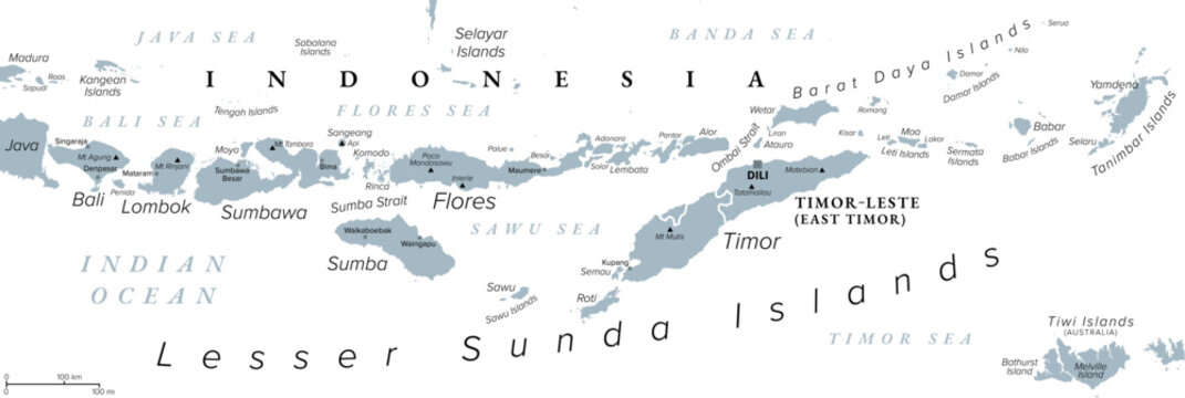 Lesser Sunda Islands, Indonesia, gray political map. Nusa Tenggara Islands, archipelago in Southeast Asia. Part of volcanic Sunda Arc. Bali, Lombok, Sumbawa, Sumba, Flores, Timor and smaller islands.