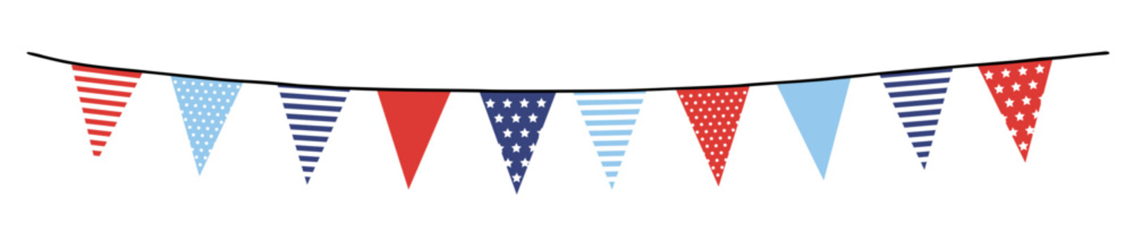 Bunting garland. Party flags with stripes and stars in USA flag colors isolated on background. Vector illustration, web banner. Memorial, labor day. Independence day, 4th July. Birthday, anniversary.