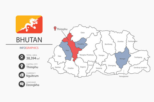 Bhutan map infographic elements with flag of city. Separate of heading is total areas, Currency, Language and the capital city in this country. Vector illustration.