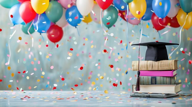 Vibrant and Festive Graduation Background with Colorful Confetti and Balloons. A Stack of Books with Graduation Cap and Diploma on Wooden Surface, Transitioning to Whitespace for Custom Additions