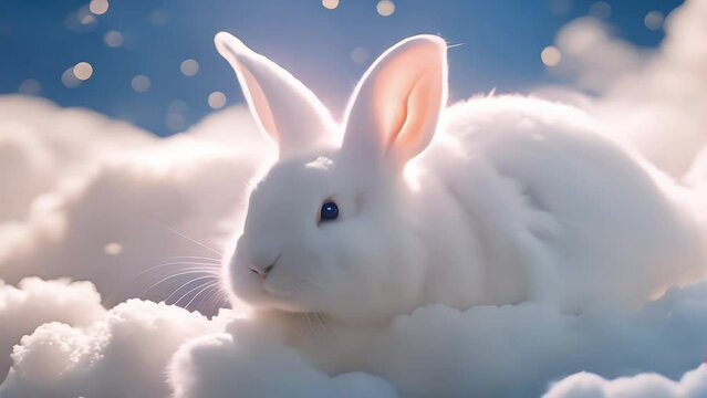 cute rabbit sleeping on cloud at night. Lullaby for babies. video template looping relax and nice dream on night 4k quality