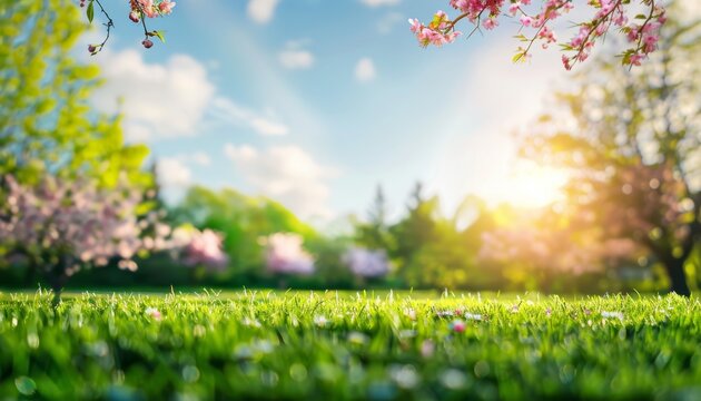 Beautiful blurred background image of spring nature with a neatly trimmed lawn surrounded by trees against a blue sky with clouds on a bright sunny day.