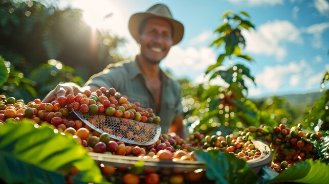 A happy farmer showcasing a hatful of ripe coffee beans with lush coffee plants in the background during a sunlit day