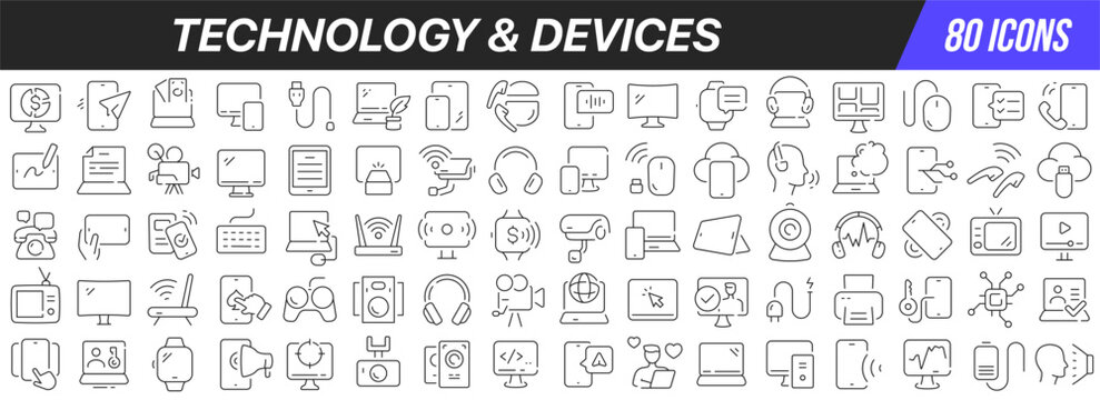 Technology and devices line icons collection. Big UI icon set in a flat design. Thin outline icons pack. Vector illustration EPS10