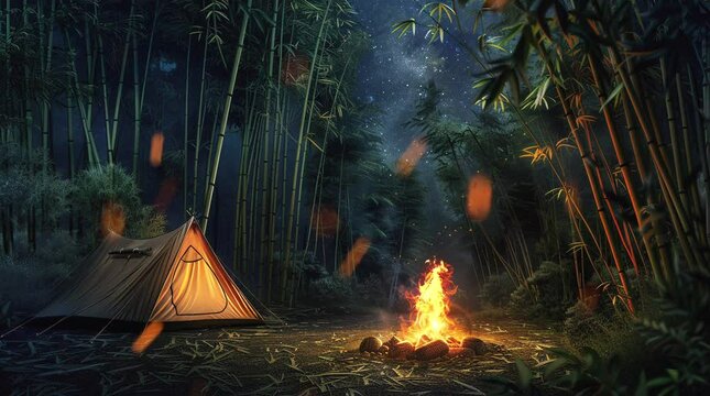 Glowing tent illuminated by a bonfire during a camping night in the wilderness
 Seamless looping 4k time-lapse virtual video animation background. Generated AI