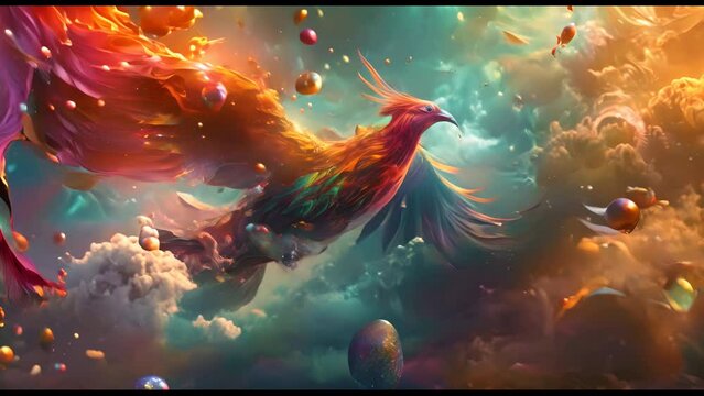 A colorful bird with a long tail is flying through a sky filled with bubbles. The bird is surrounded by a variety of different colored bubbles, some of which are floating close to the bird