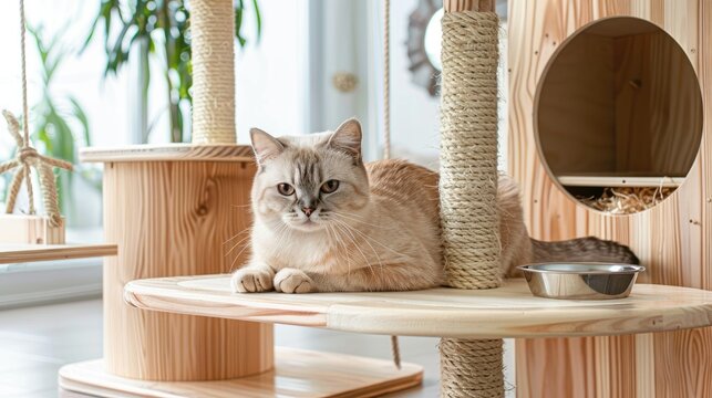 Cozy wooden cat house with a scratching post and food bowls, highlighting a well-cared-for feline area