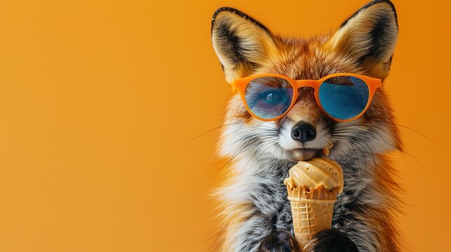 Funny animal pet summer holiday vacation photography banner - Closeup of fox with sunglasses, eating ice cream in cone