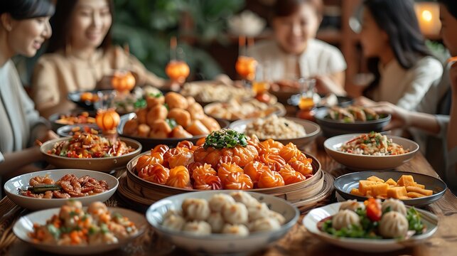 group of friends enjoying a Chinese New Year dinner with traditional foods