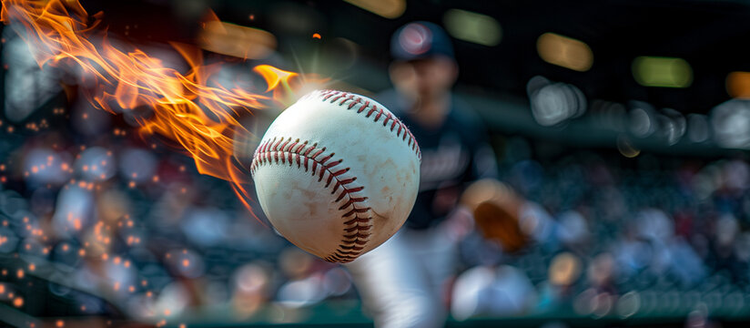 Close-up photo of a baseball ball on fire flying on the air on a baseball stadium 