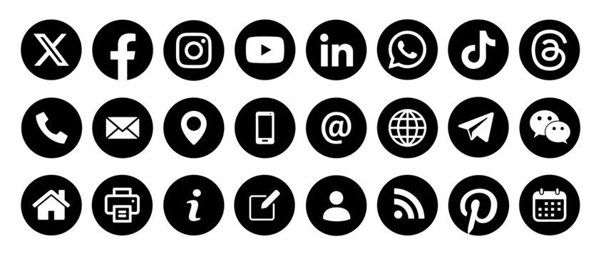 Latest updated Contact & social network icon set 2025 . Phone, mail, location pin, globe,  chat bubble, X, Facebook, Instagram, LinkedIn, WhatsApp, Threads  & TikTok. High resolution vector  logos