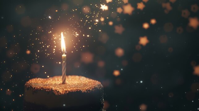 A minimalist birthday cake with clean lines and a single lit candle, creating a dramatic contrast against a dark bokeh background with a subtle looping overlay of twinkling stars.