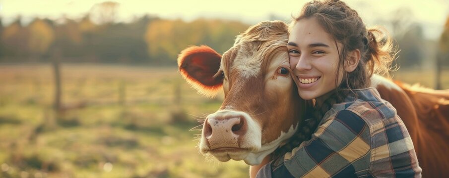 A woman is hugging a cow in a field. The cow is white and brown. The woman is wearing a hat and smiling. Scene is happy and peaceful