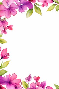 bougainvillea themed frame or border for photos . featuring bright pink and purple flowers. watercolor illustration, white color background. 