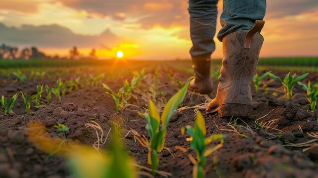 Generative AI captures the sharp detail of a farmer's boots as they walk away from the camera in a field of sprouting corn.