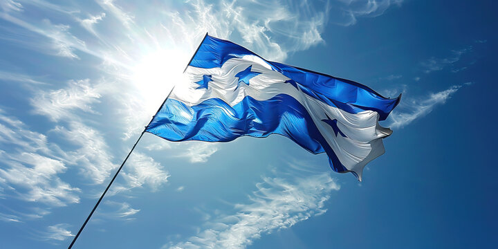 The Blue and White: The Flag of Honduras as a Symbol of Peace and Prosperity - Visualize the flag of Honduras with its blue and white stripes, symbolizing the sky and the Caribbean Sea, and peace and 