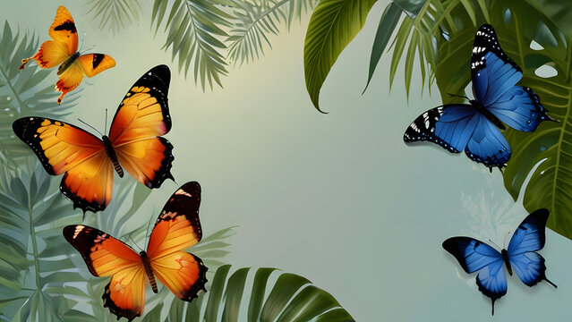 A colorful collection of leaves and butterflies. collection of plants with the words butterfly. leaves with copy space. butterfly with copy space.