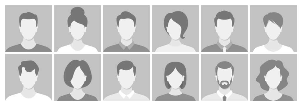 Collection Of Twelve Monochrome Face Placeholders In A Grid Layout. Vector Diverse People Avatars, Social Media Profiles