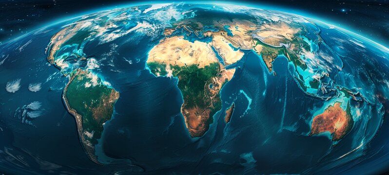 Flat view of the Earth from space. Detailed physical map of the world on global satellite photography. Panoramic map. 