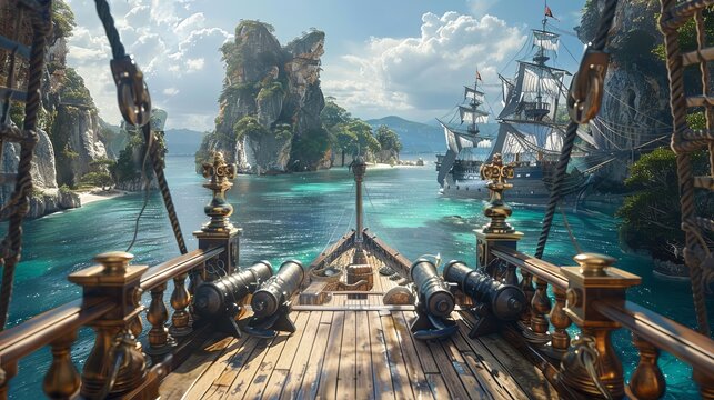 A background view from a pirate ship's deck looking towards a tropical island with a hidden Corsair treasure chest, featuring a battleship with a skull and crossbones flag