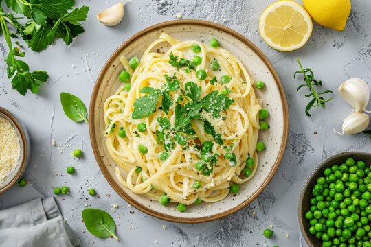 Creamy lemon pasta with peas and parsley