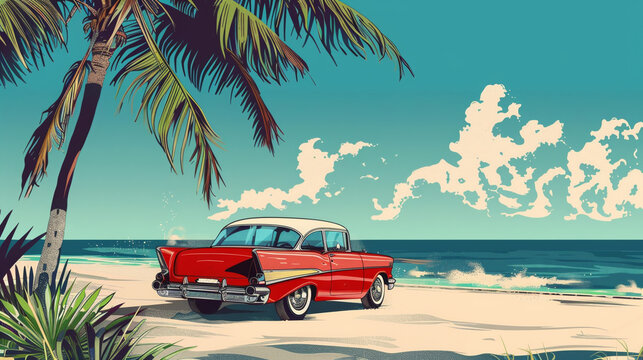 Beautiful vector illustration of tropical beach with vintage car for poster greeting card design