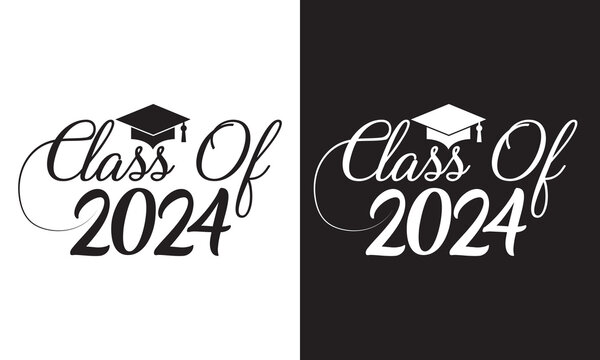 Class of 2024 Script Graphic With diploma and graduation Cap Black and White. isolated on white and black background. EPS 10