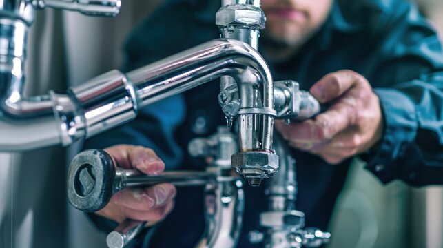 A plumber works on a leaking faucet, his hand tightening a nut with a wrench. The image highlights the shiny chrome pipes and the dripping water.