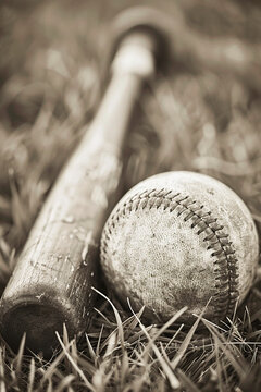 A nostalgic black-and-white photo of a worn baseball and bat lying on grass, evoking memories of classic American pastime.