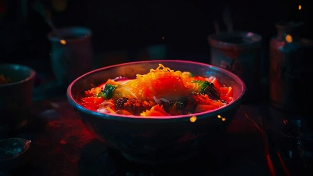 A bowl of food with chopsticks resting on the side in front of a dark background with a spotlight on the bowl.