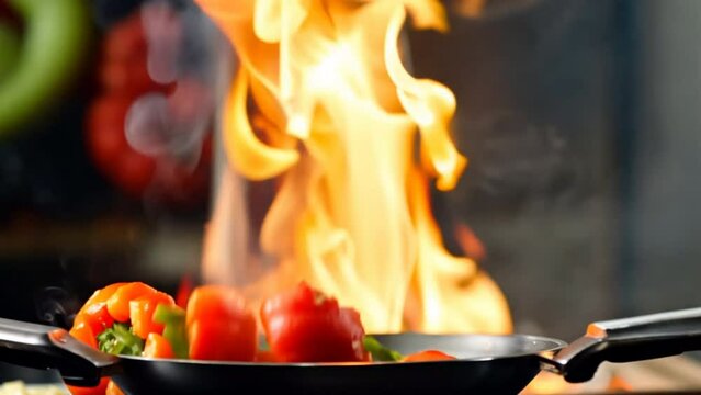 Chef stirring shrimp and bell peppers over a roaring fire with the ingredients suspended in midair.