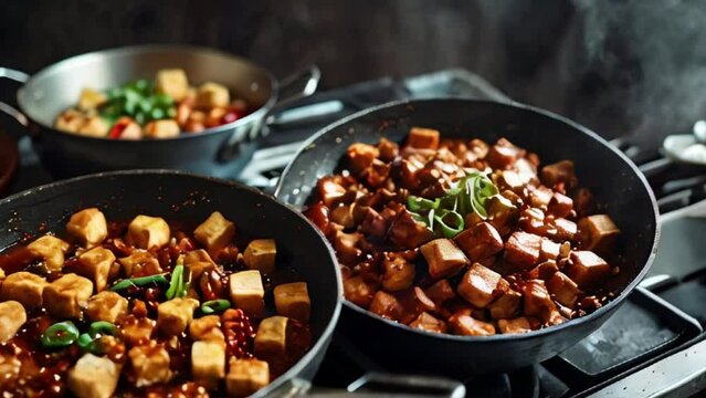 Three Skillets of Mapo Tofu with Green Onions and Chili Peppers on a Stovetop