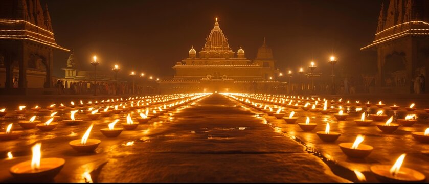 AI generator image of festive Diwali day, the streets were adorned with an array of glowing diyas, illuminating the path toward the majestic palace at the heart of the city. 