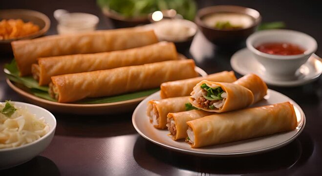 Plate of spring rolls in a Chinese restaurant.