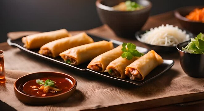 Plate of spring rolls in a Chinese restaurant.