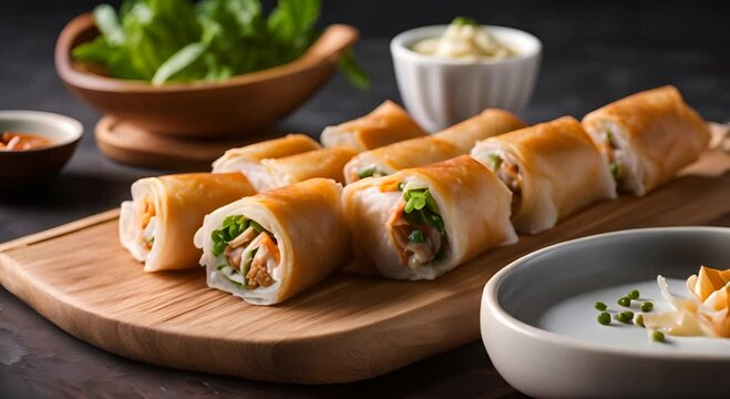 Plate of spring rolls in a Chinese restaurant.