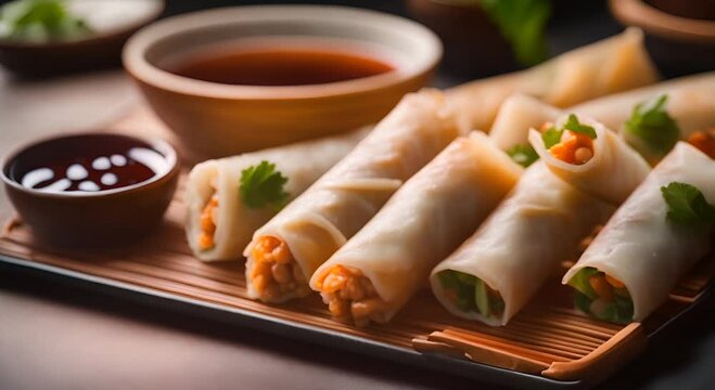 Plate of spring rolls in a Chinese restaurant.