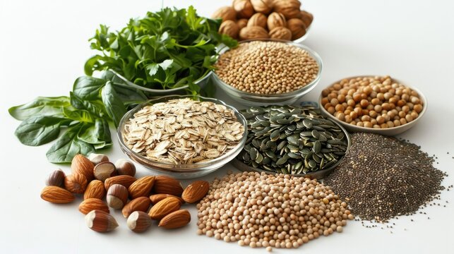 Assorted foods rich in magnesium on a white background. Nuts, seeds, leafy greens, and whole grains for heart health and muscle relief.