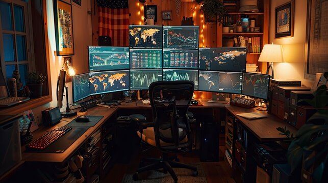 An investor's home office setup with multiple monitors showing stock data, a comfortable chair, and personal items like photos and books adding a human touch.