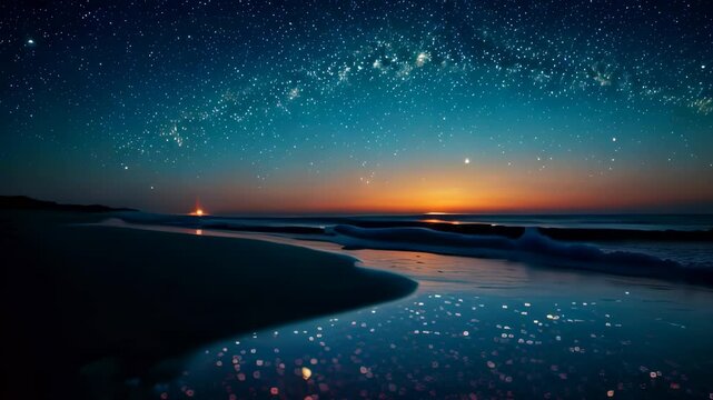 Video animation of  night sky filled with stars over a beach. The horizon is illuminated by the warm glow of a sunset