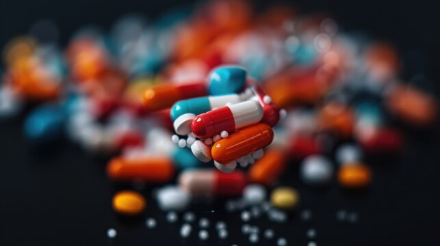 A high-definition photograph showcasing a heap of colorful pills scattered on a dark surface, representing medication, pharmaceutical drugs, and health-related concepts and complications.