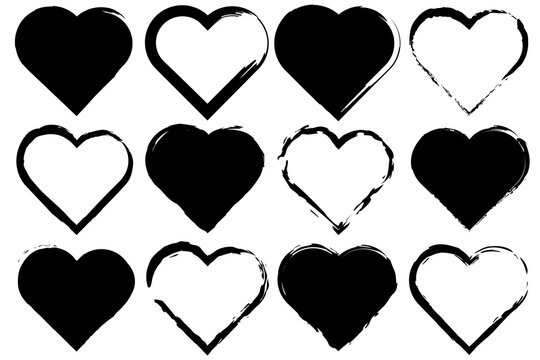 Grunge heart icons. Hand drawn shapes. Love symbol vector. Black and white hearts.