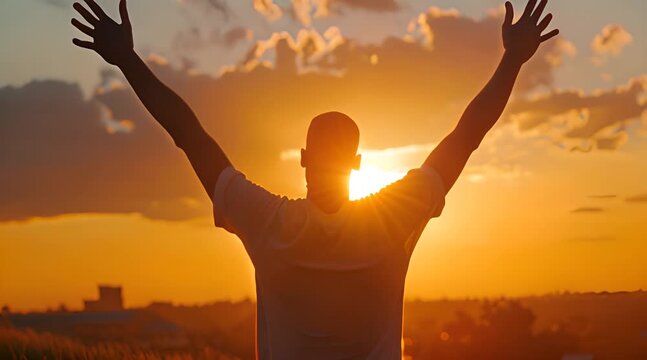 Man raising hands to sky against sunset footage